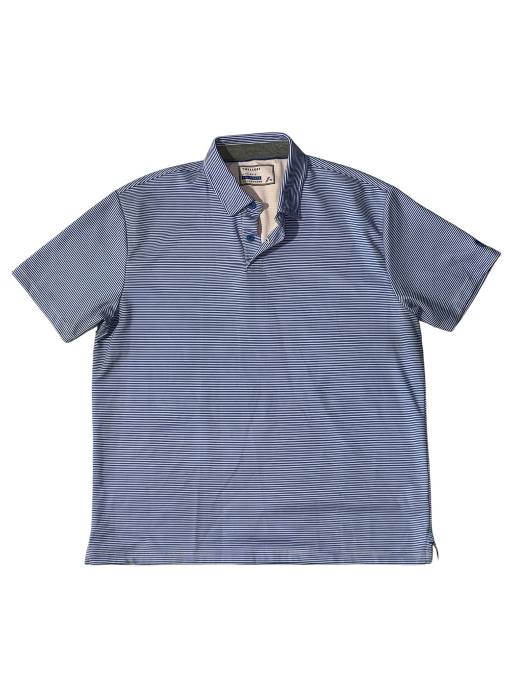 Twillory men XL blue pink stripe athletic athleisure performance polo golf shirt